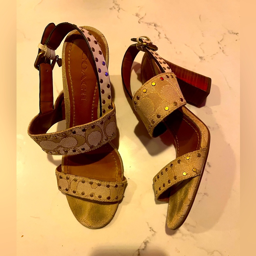 Coach Rylie Beige C Monogram Fabric Studded Leather Block Sandal Heels US8 - Picture 1 of 7